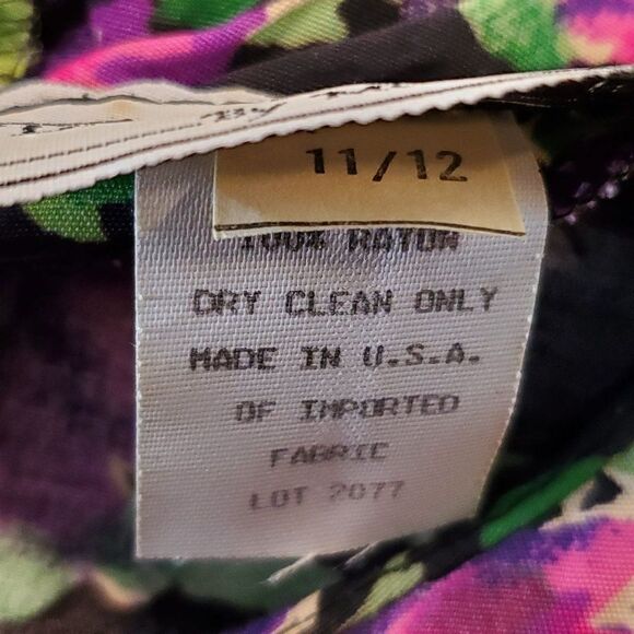 Vintage 80s Floral Maxi Dress 11 12 Puff Sleeves Pleated Yoke Black Purple - Picture 7 of 7